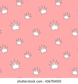 cute cartoon white crown on pink background seamless vector pattern illustration
