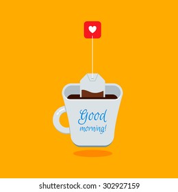 Cute Cartoon White Cup of Tea with Tea Bag on Bright Yellow Background. Vector Flat Illustration for Cards, Banners, Posters and Advertisements. Good Morning Concept.