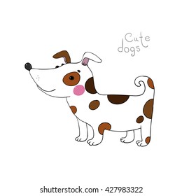 Cute cartoon white dog with brown spots. Hand drawn vector illustration.