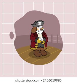 A cute cartoon white dog is the captain of a pirate ship who is watching over his crew