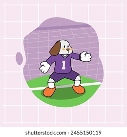 A cute cartoon white dog is a goalkeeper guarding the goal in a soccer match