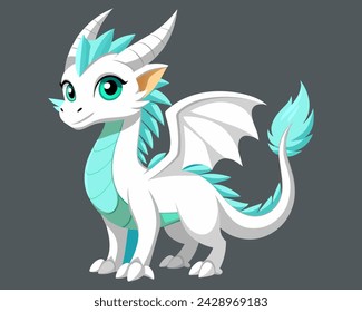 Cute cartoon white dragon. Fairy cute dragonfly. Baby fire dragon or dinosaur cute character isolated vector. Fairytale monster.