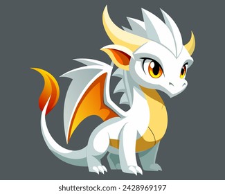 Cute cartoon white dragon. Fairy cute dragonfly. Baby fire dragon or dinosaur cute character isolated vector. Fairytale monster.