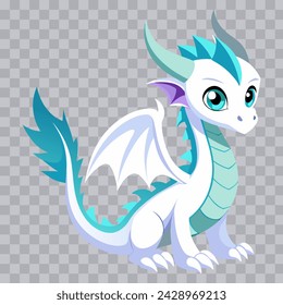 Cute cartoon white dragon. Fairy cute dragonfly. Baby fire dragon or dinosaur cute character isolated on transparent background vector. Fairytale monster.