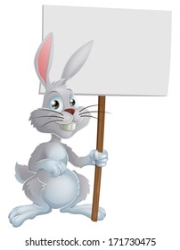 A cute cartoon white Easter bunny rabbit holding a sign