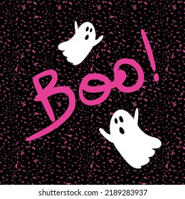 Cute cartoon white flying ghosts. Hand lettering Boo! Banner, poster for Halloween party. Bright pink letters on a dark background.