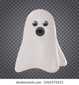Cute cartoon white ghost isolated on transparent background. Funny halloween horror character design in realistic 3d style. Holiday design decoration element. Creative color vector illustration.