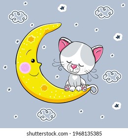 Cute cartoon white gray cat sleeps on the moon. Vector illustration. A beautiful kitten. The little kitten is sleeping