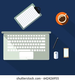 Cute cartoon of White grey Computer notebook laptop and key board top view on blue background with coffee cup, notepad, pencil, mouse, telephone, smart phone