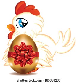 Cute cartoon white hen with blue eyes and gold egg.