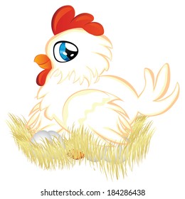 Cute cartoon white hen with eggs in her nest.