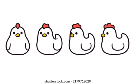 Cute cartoon white hen set  Front view  side view  Video game chicken sprite  turnaround animation  Simple kawaii style vector clip art illustration 