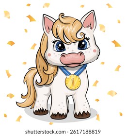 Cute cartoon white horse with a golden medal. Vector illustration of a winner on a white background with golden confetti.
