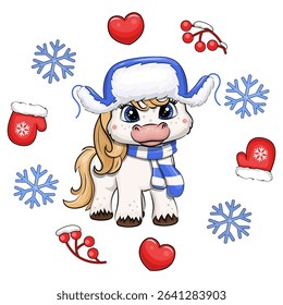 Cute cartoon White Horse with a red scarf in a winter frame. Christmas vector illustration of an animal with hearts, mittens, berries, snowflakes on a white background.