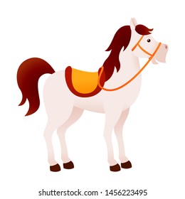 Cute cartoon white horse with saddle