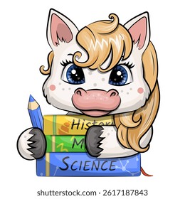 Cute cartoon white horse with school books and blue pencil. Vector illustration of animal on a white background.