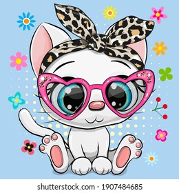 Cute Cartoon White Kitten Bow Glasses Stock Vector (Royalty Free ...