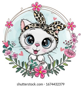 Cute Cartoon White kitten with a floral wreath