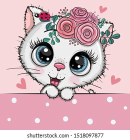 Cute Cartoon white Kitten with flowerson a pink background