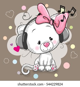 Cute cartoon white kitten girl with headphones and hearts