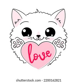 Cute cartoon white kitten with a heart. Lettering Love. Valentine card in kawaii style. For the design of prints, posters, stickers, cards and so on. Vector