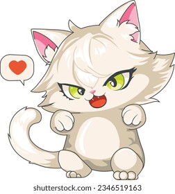 Cute cartoon white kitten with heart illustration.