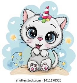 Cute Cartoon white Kitten with the horn of a unicorn