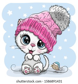 Cute Cartoon white Kitten in a knit cap and a bird