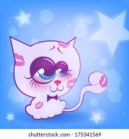 Cute cartoon white kitten in love