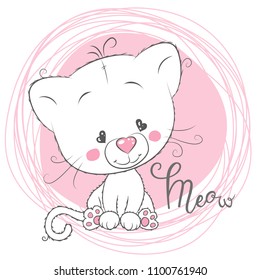 Cute Cartoon White Kitten on a pink background