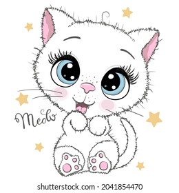 Cute Cartoon white kitten on a white background