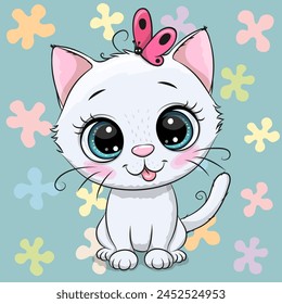 Cute Cartoon white kitten on a Blue background Handdrawn