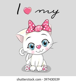 Cute cartoon White kitten on a gray background