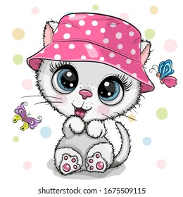 Cute Cartoon white Kitten in a panama hat and butterflies on a white background