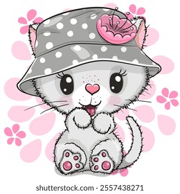 Cute Cartoon White kitten in panama hat on a flower background