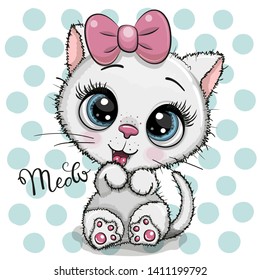 Cute Cartoon white Kitten with a pink bow on a dots background