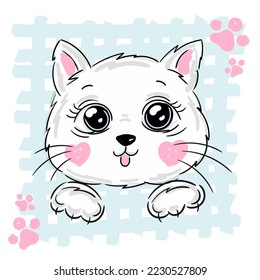 Cute Cartoon white kitten with pink paws on blue background