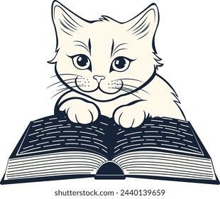 Cute cartoon white kitten reading a book illustration.
