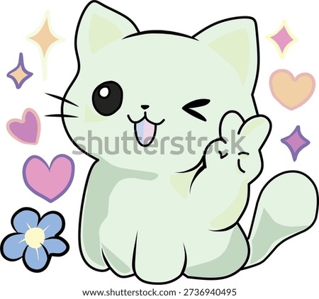 Cute cartoon white kitten sitting with hearts, stars, and flowers. Pastel aesthetic cat character doing a peace hand sign. Ideal for greeting cards, scrapbooking, and children's designs.
