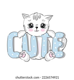 Cute Cartoon white Kitten with slogan text blue Cute