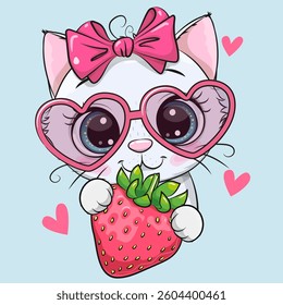  Cute cartoon White Kitten with strawberry on a blue background