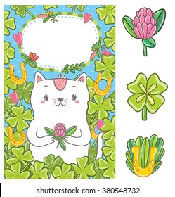 Cute cartoon white kitty cat holding clover leaf