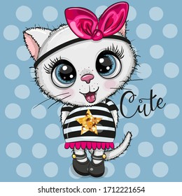 Cute Cartoon White Kitty on a dots background