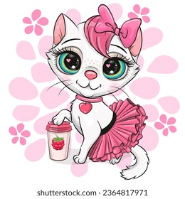 Cute Cartoon White Kitty in a pink skirt with a milkshake