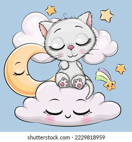 Cute Cartoon White Kitty is sleeping a on the Cloud