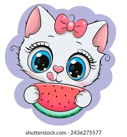 Cute Cartoon white Kitty with watermelon and pink bow