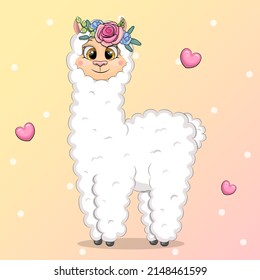 Cute cartoon white llama with flowers on the head. Vector illustration of an animal on a yellow and pink background with dots.