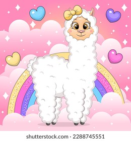 Cute cartoon white llama with yellow hair bow. Vector illustration of an animal on a pink background with clouds, a rainbow, hearts and white stars.
