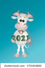 Cute cartoon white metallic vector ox symbol of the new year 2021 with figures in his hands on a blue background