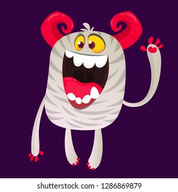 Cute cartoon white monster with stripes. Funny excited monster smiling